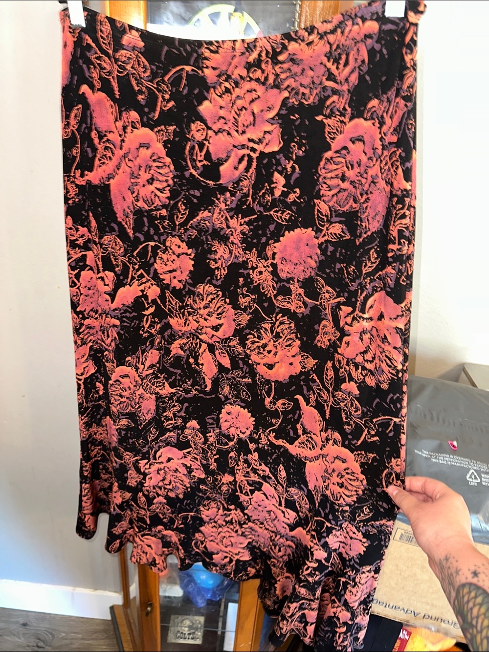 Mirasol Black Maxi Skirt with Coral Floral Print